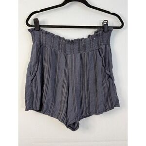 Three Dots Smocked Waist Shorts Womens Medium Navy Blue Chevron Stripe Pockets